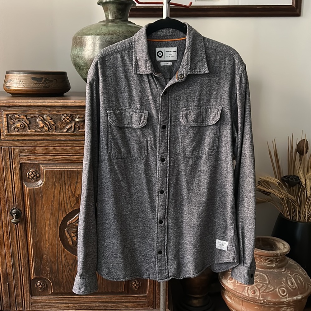 Jack Jones Men’s Grey Slim Fit Utility Button Down Shirt